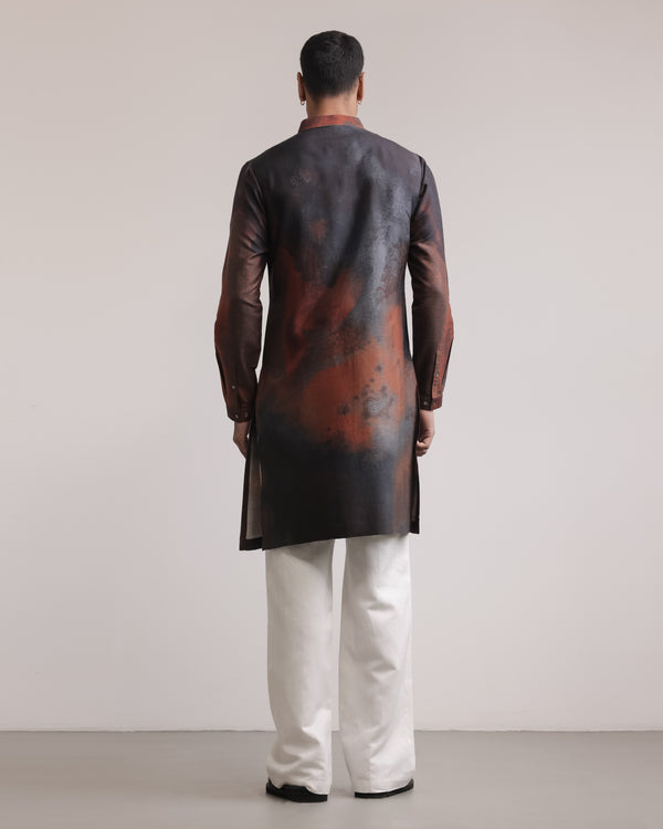 Rust-Concrete Print Silk Kurta