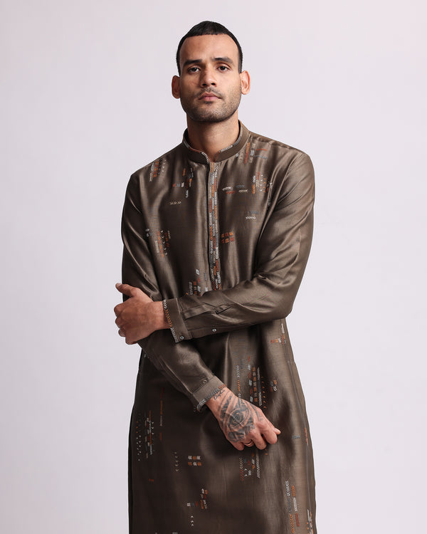 Multi-direction Hand Embroidered Olive Kurta Set