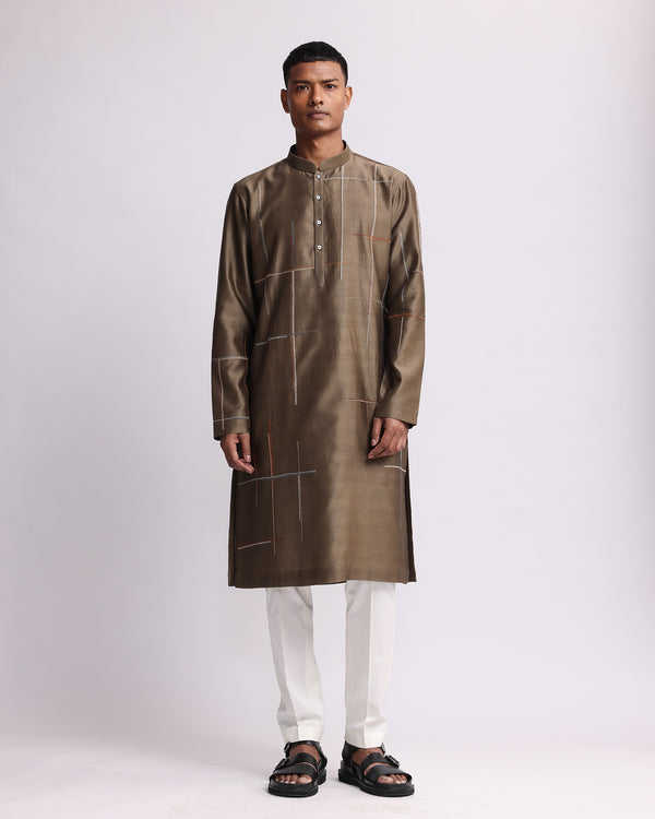 Placement Checks Hand Embroidered Olive Kurta Set