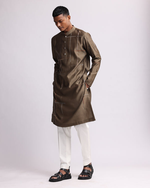 Placement Checks Hand Embroidered Olive Kurta Set