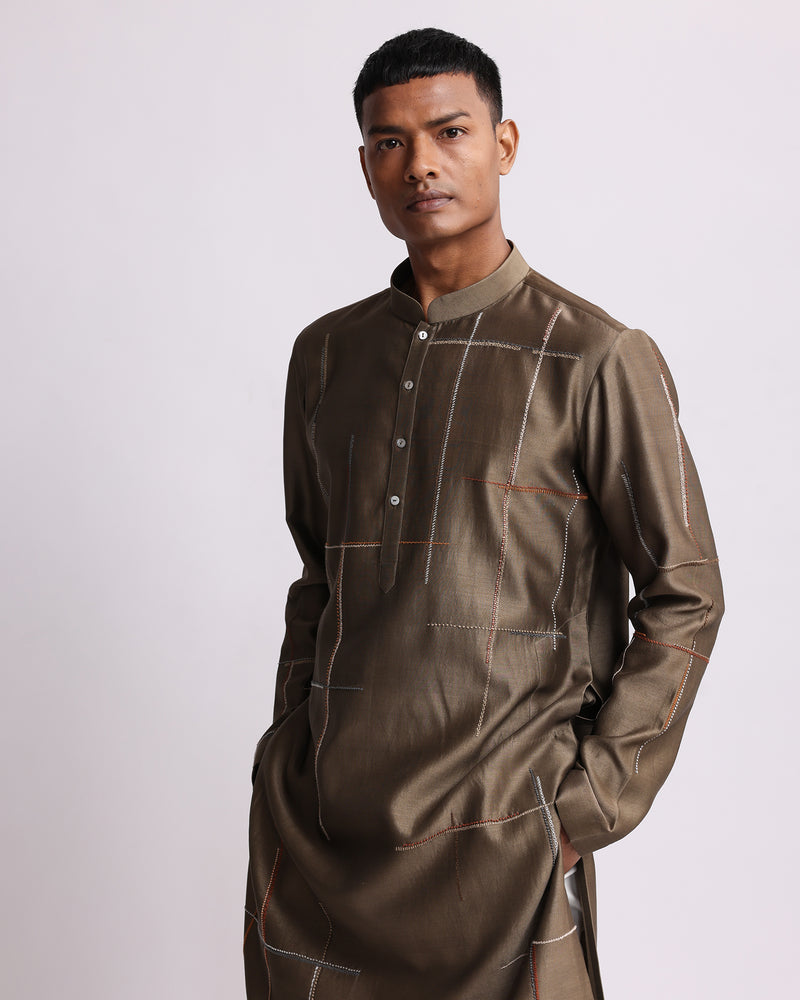 Placement Checks Hand Embroidered Olive Kurta Set