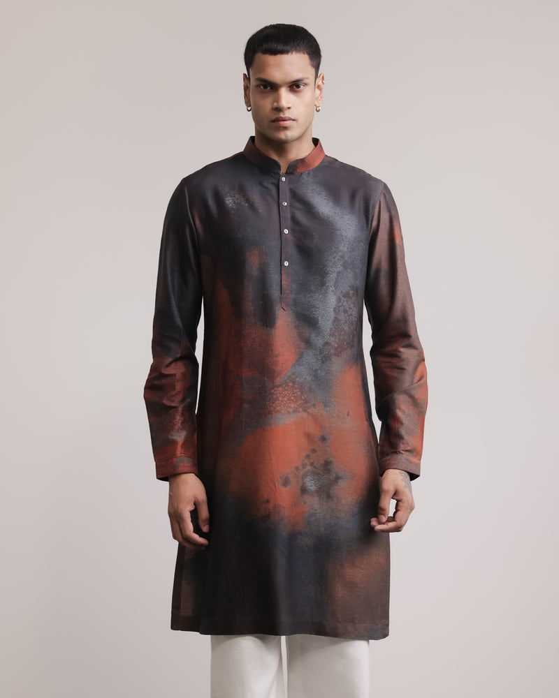 Rust-Concrete Print Silk Kurta
