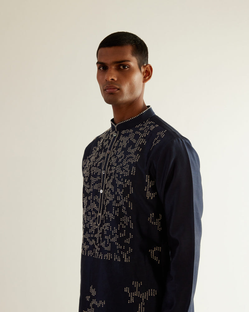 Camo-Block V-Notch Embroidery Kurta Set