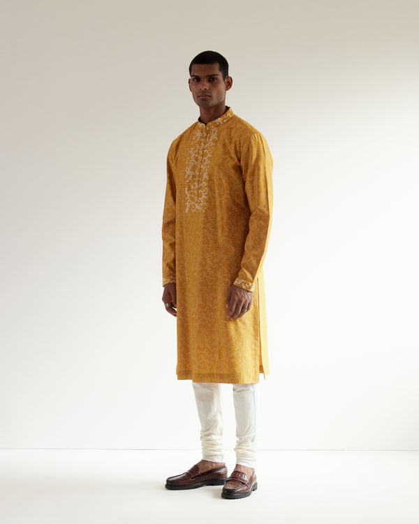 Camo-Block Print Kurta Set With Embroidered Yoke