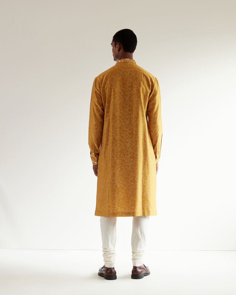Camo-Block Print Kurta Set With Embroidered Yoke