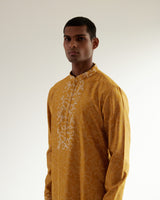 Camo-Block Print Kurta Set With Embroidered Yoke
