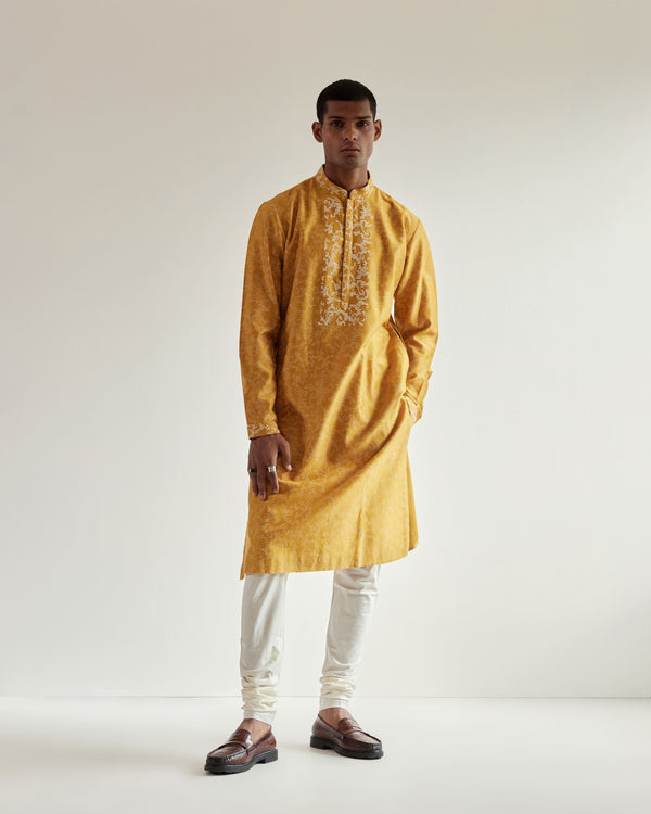 Camo-Block Print Kurta Set With Embroidered Yoke