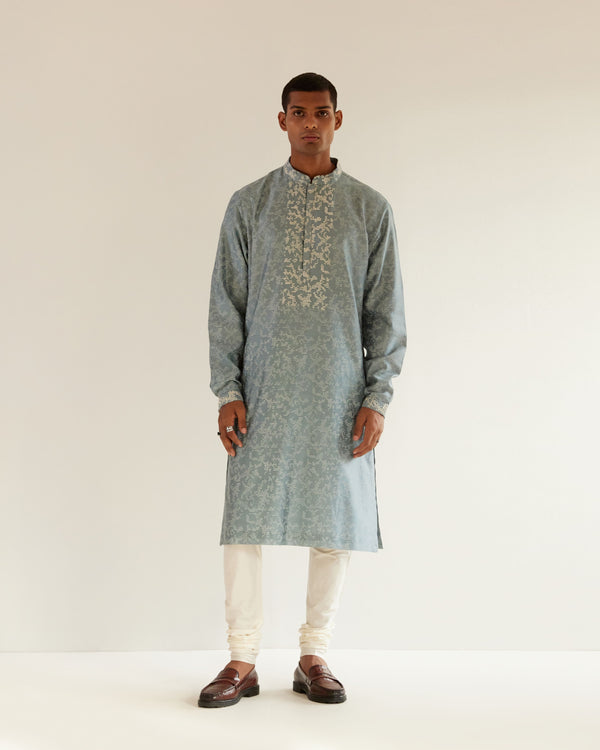 Camo-Block Print Kurta Set With Embroidered Yoke