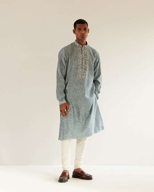 Camo-Block Print Kurta Set With Embroidered Yoke