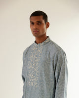 Camo-Block Print Kurta Set With Embroidered Yoke