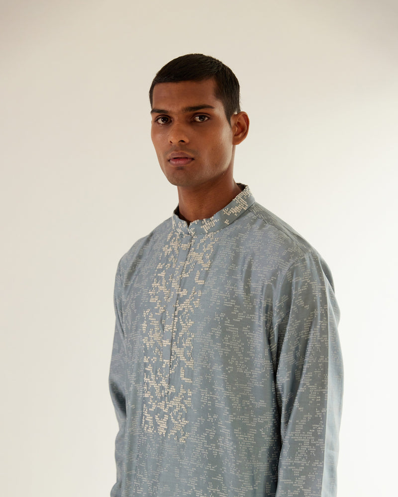 Camo-Block Print Kurta Set With Embroidered Yoke