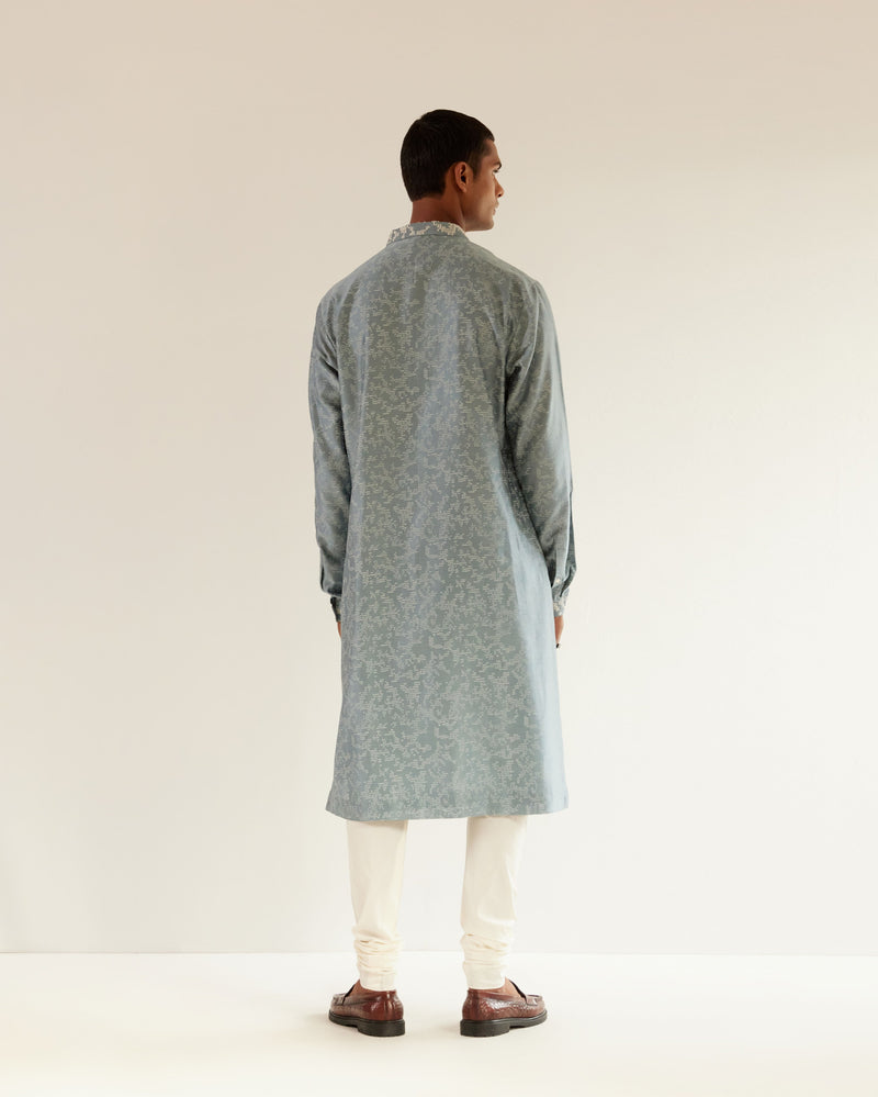 Camo-Block Print Kurta Set With Embroidered Yoke