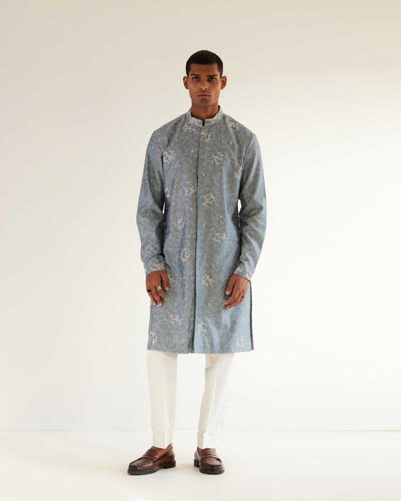Block Embroidered Front Open Kurta Set