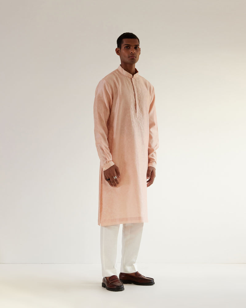 Camo-Block Print Kurta Set With Embroidered Yoke