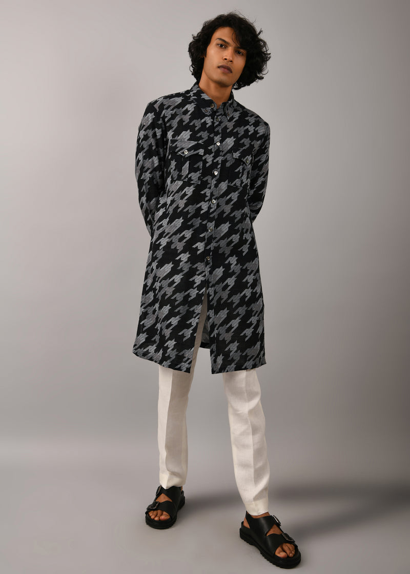 Houndstooth Front Open Printed Kurta