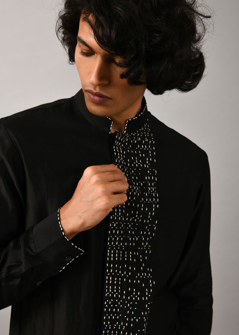 Black Morse Code Front Open Kurta